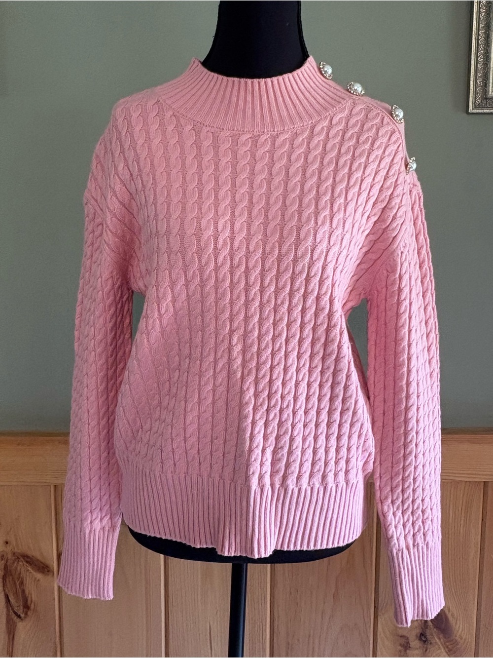 Elie Tahari Pearl Button Shoulder Cable Knit Sweater size SP NWT